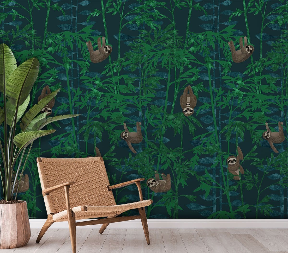 Sloth Jungle Green Kids Room Mural Wallpaper in living room