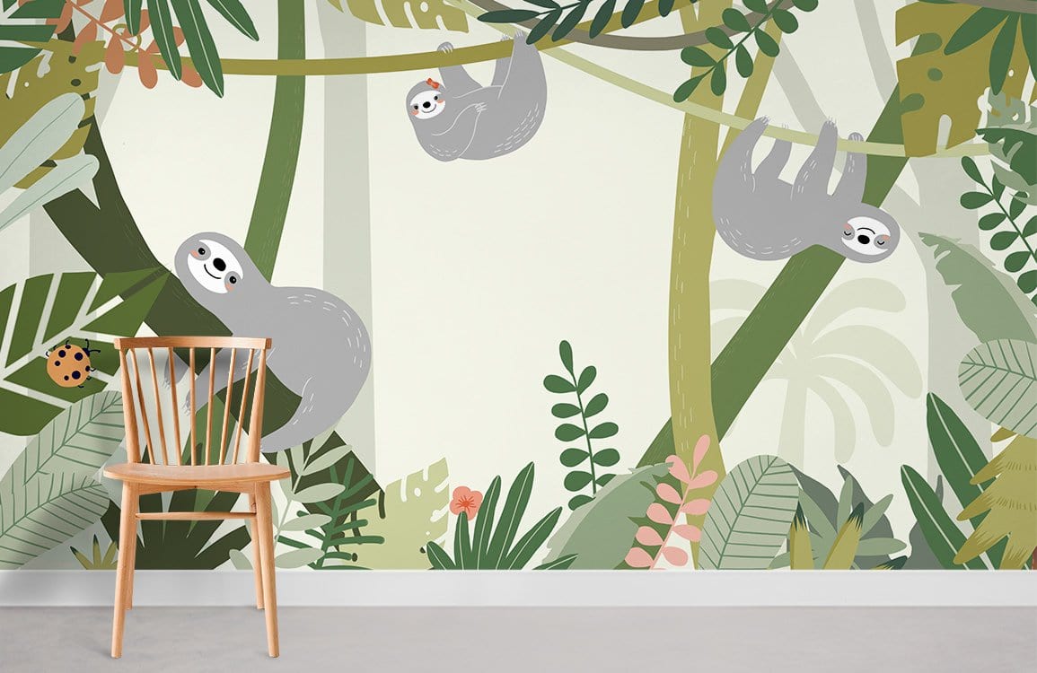 Tropical Sloth Green Leaf Mural Wallpaper in playroom