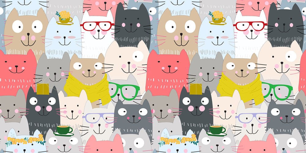 Wallpaper mural for the house with a vibrant repeat pattern of happy cats.
