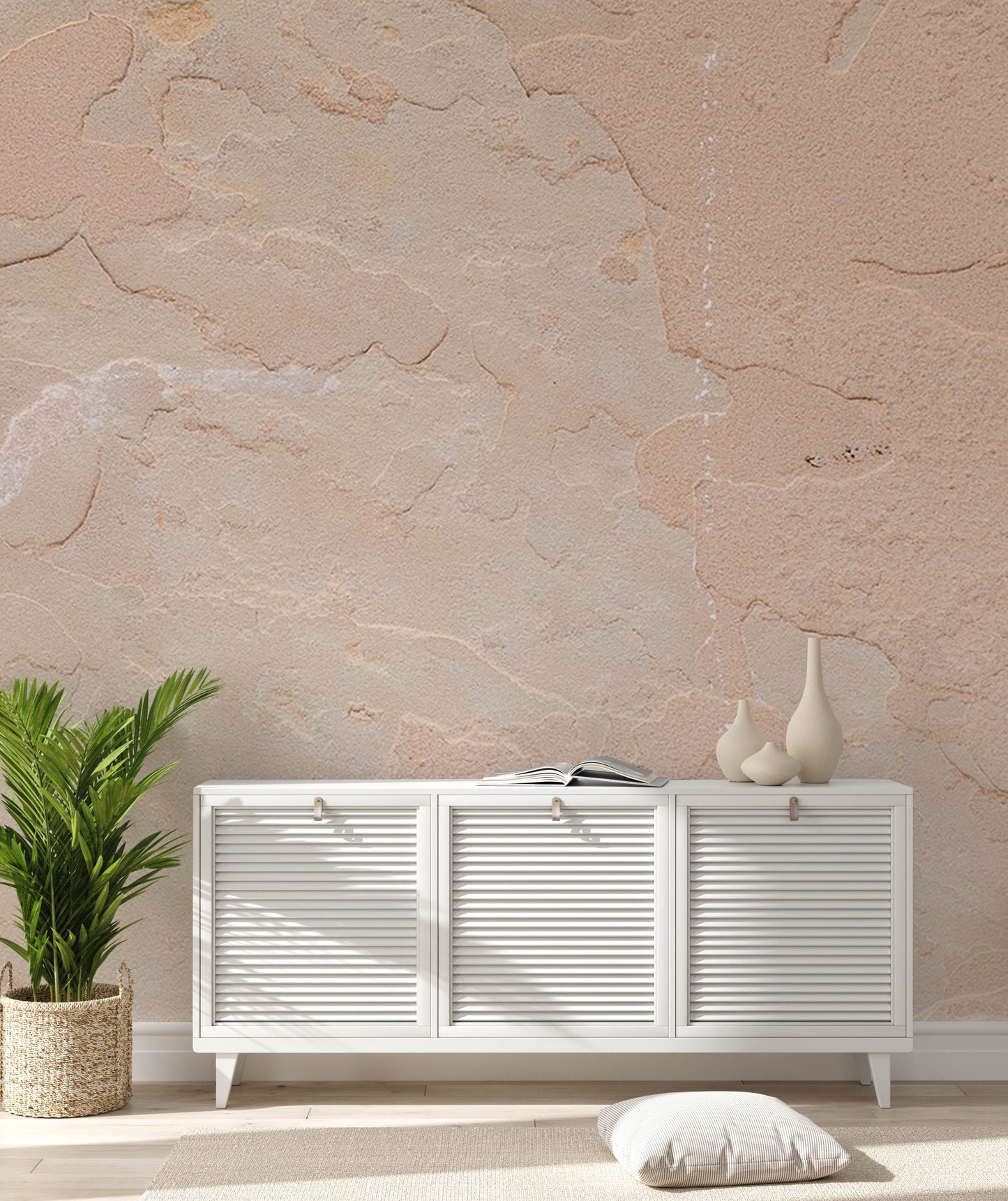 Wall Mural with a Soft Pink Texture and an Old Stone Cobbled Design for the Hallway Decor