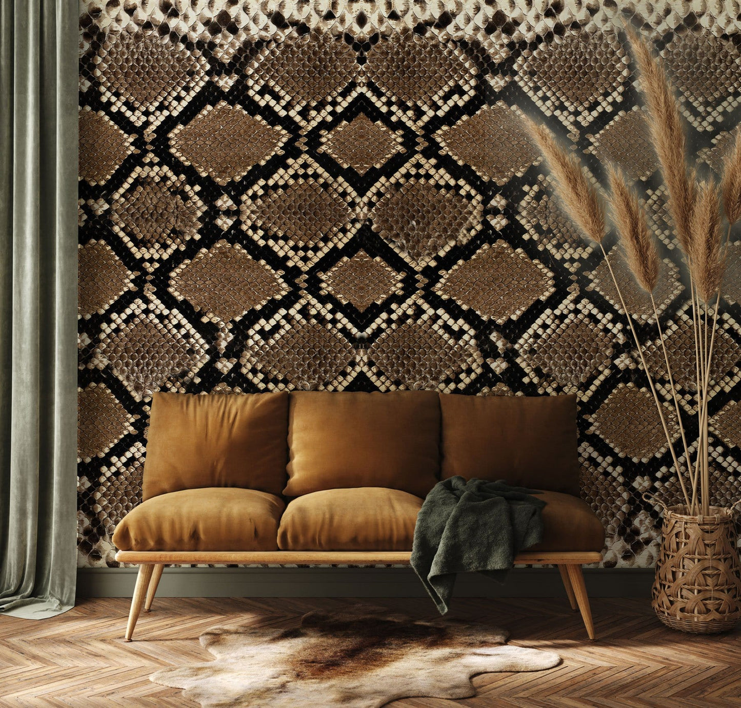 Geometric Brown Snake Skin Mural Wallpaper in living room