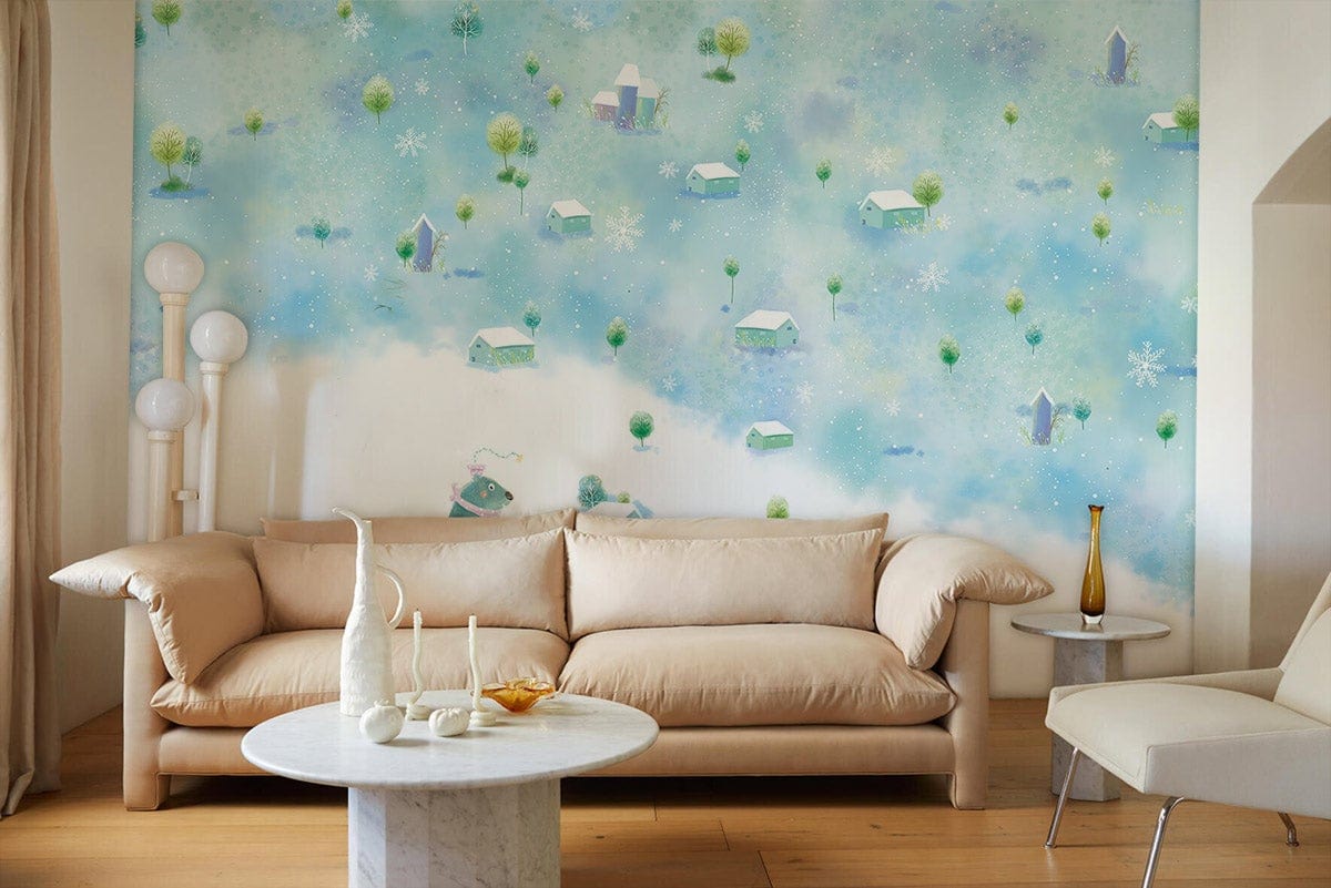Whimsical Winter Village Mural Wallpaper in living room