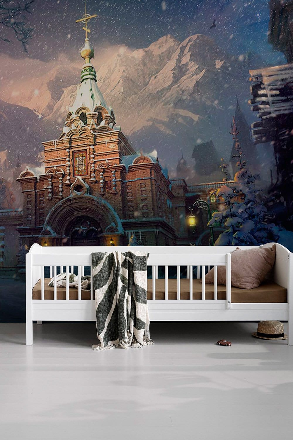 Snowy Cathedral Mountain Landscape Mural Wallpaper in children's room