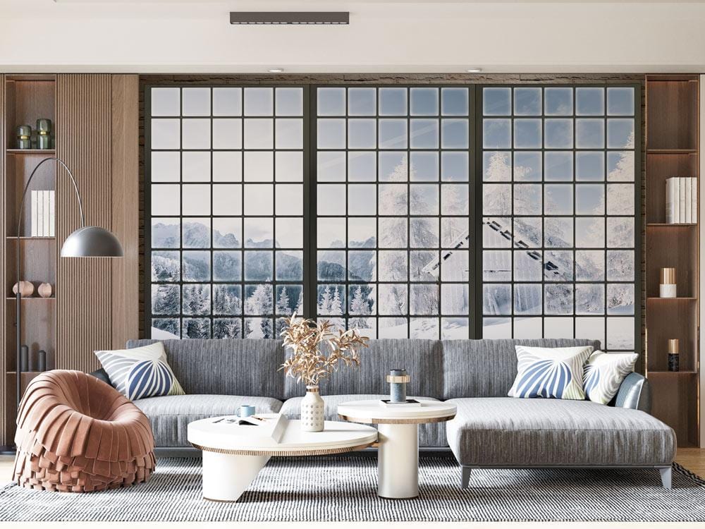 Wallpaper mural depicting a window with snow for use in decorating the living room.