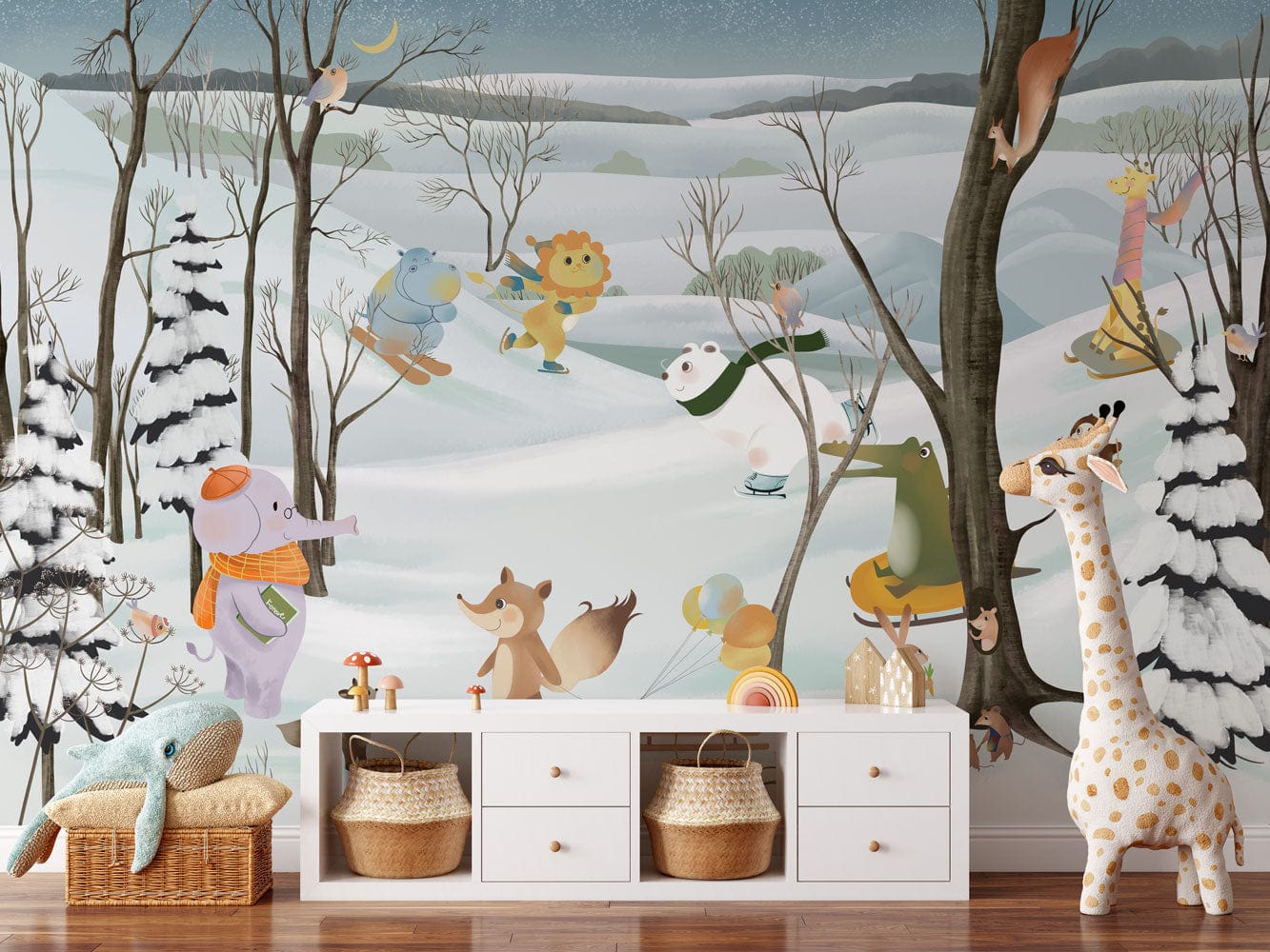 Whimsical Winter Woodland Animal Mural Wallpaper in children's room