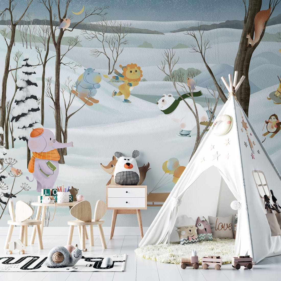 Whimsical Winter Woodland Animal Mural Wallpaper in playroom