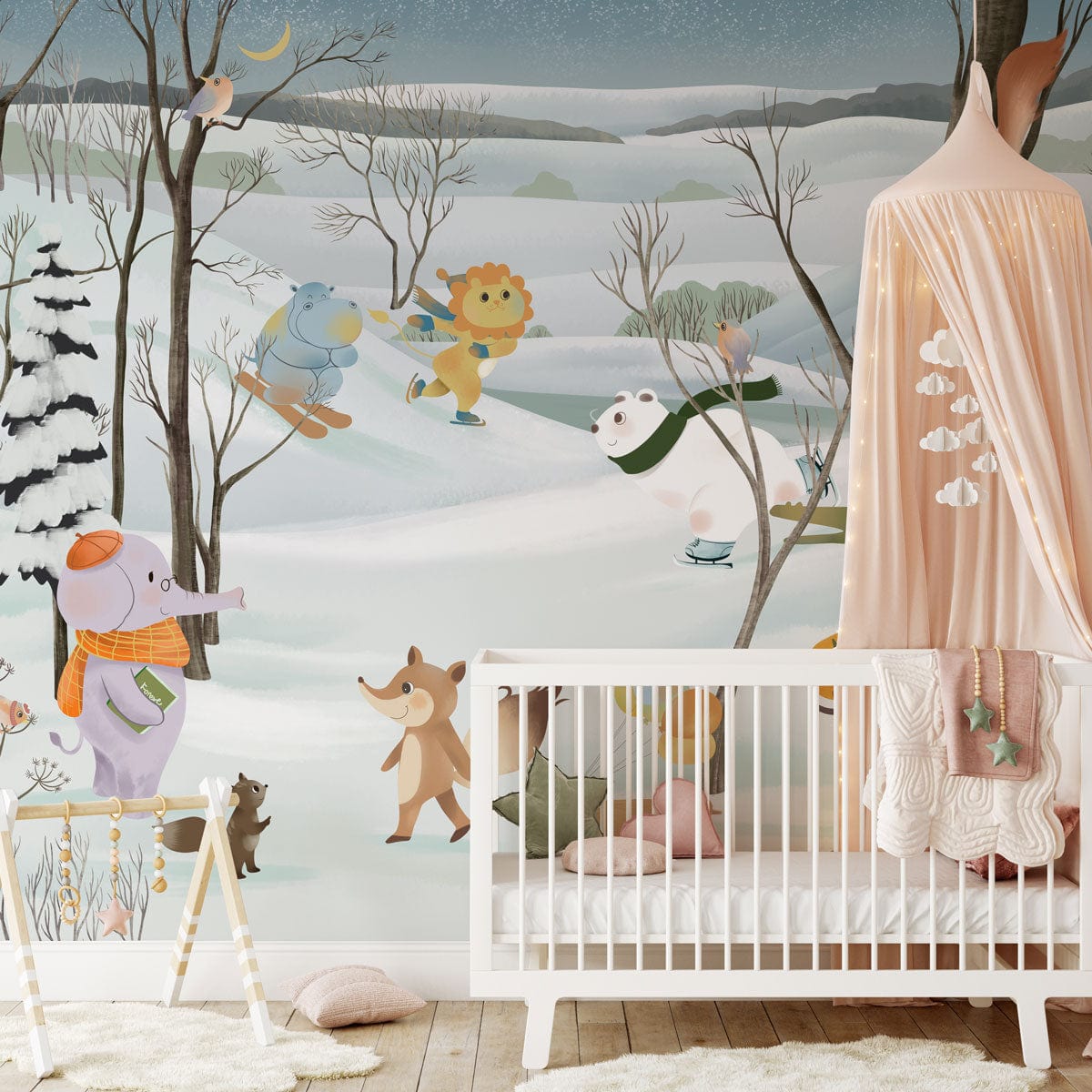 Whimsical Winter Woodland Animal Mural Wallpaper in nursery