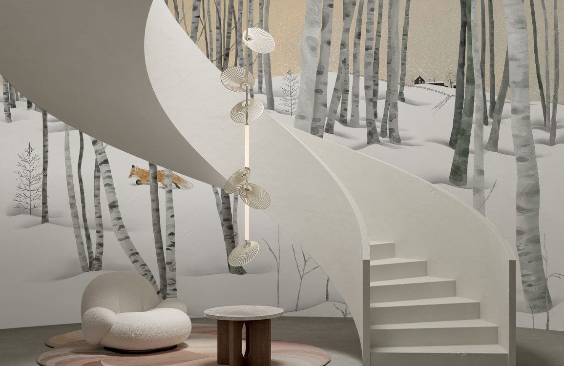 Winter Birch Forest Mural Wallpaper in living room