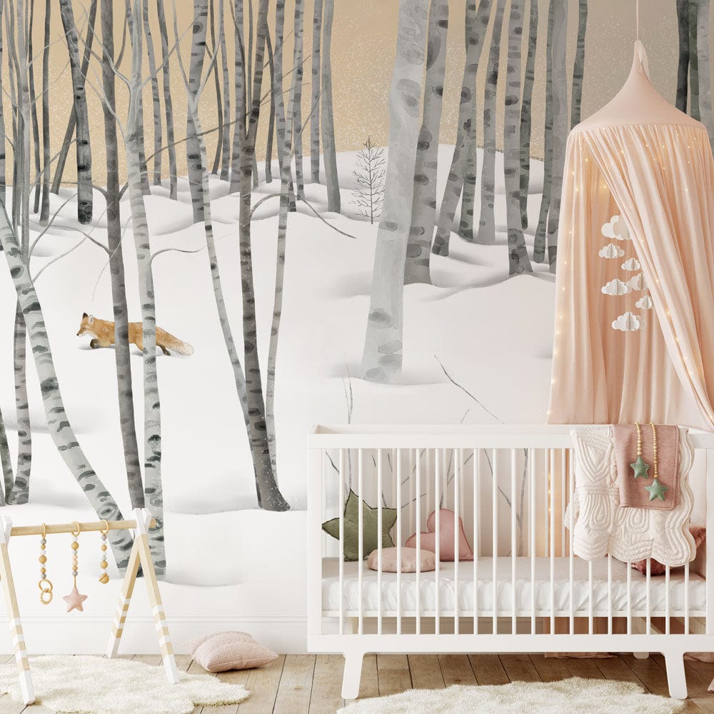 Winter Birch Forest Mural Wallpaper in nursery