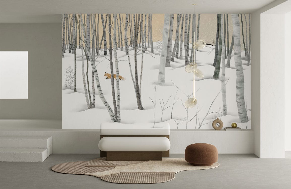 Winter Birch Forest Mural Wallpaper in living room