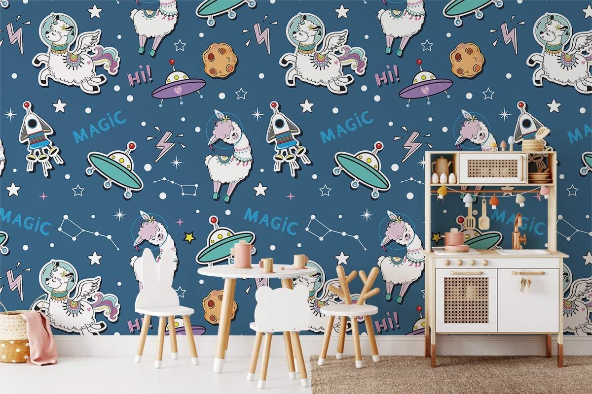Whimsical Space Unicorn Kids Mural Wallpaper in playroom