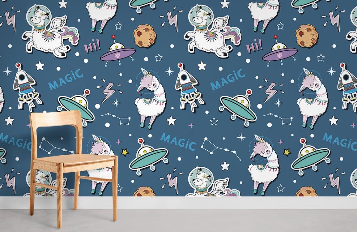 Whimsical Space Unicorn Kids Mural Wallpaper in playroom