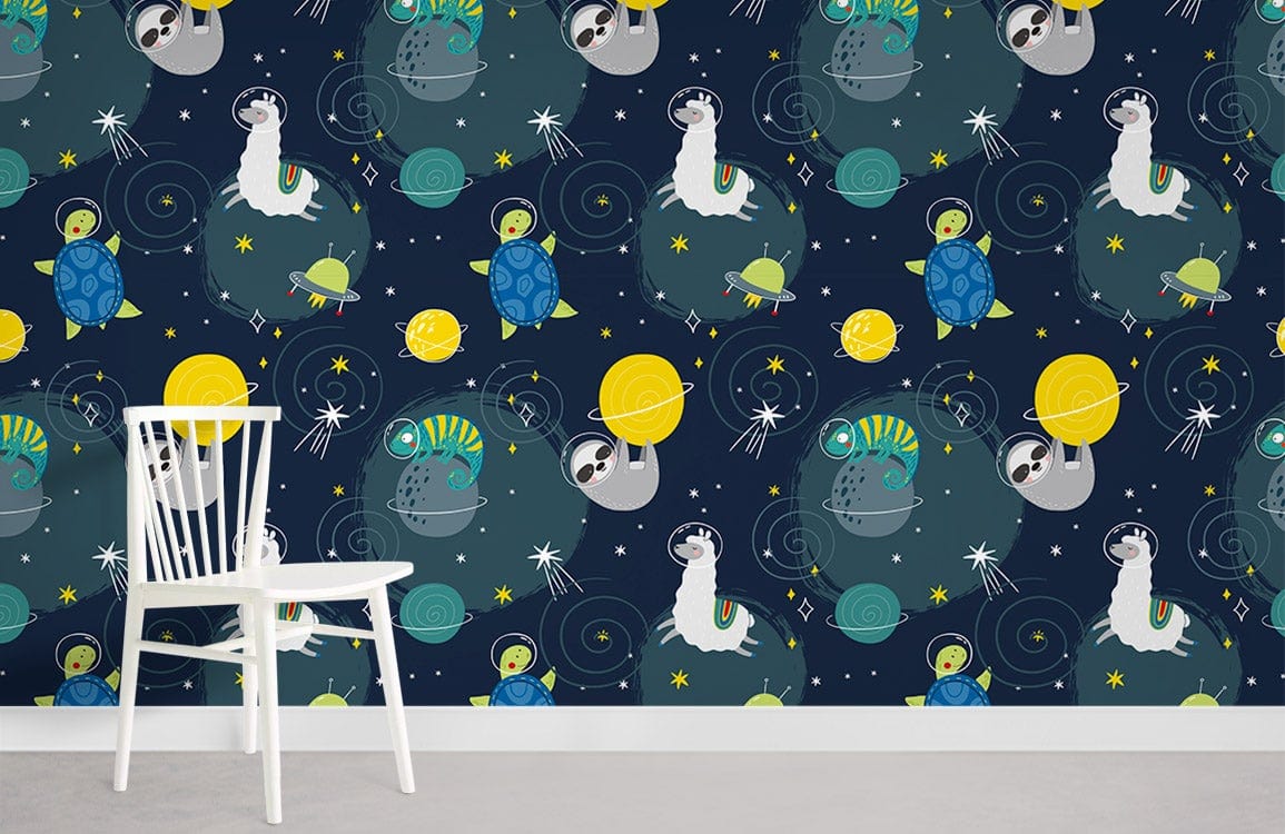 Outer Space Cartoon Astronaut Mural Wallpaper in playroom