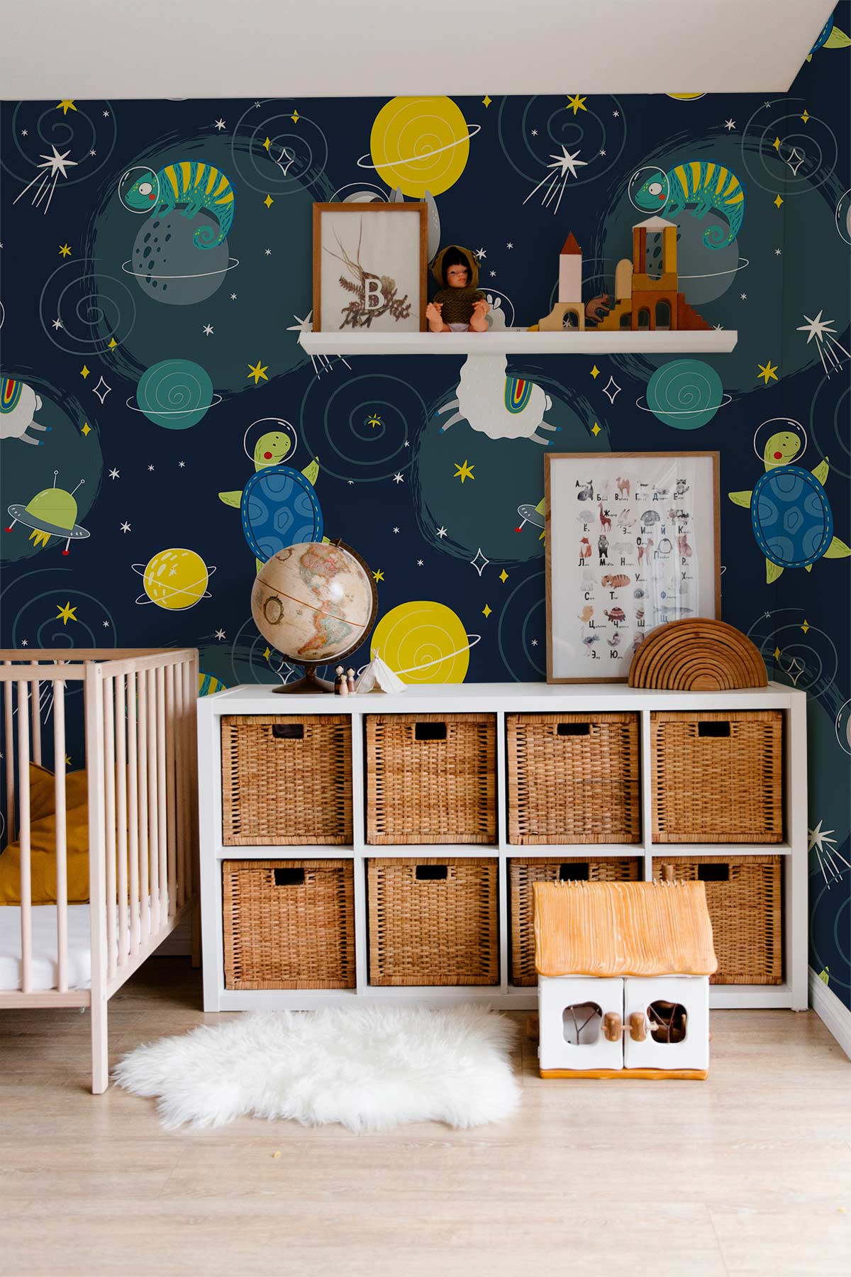 Outer Space Cartoon Astronaut Mural Wallpaper in bedroom