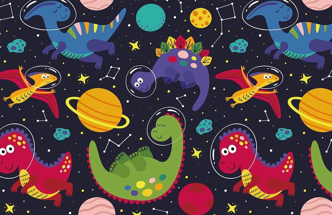 Colorful Space Dinosaurs Kids Mural Wallpaper in playroom