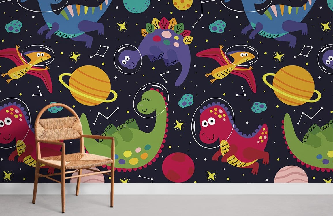 Colorful Space Dinosaurs Kids Mural Wallpaper in children's room