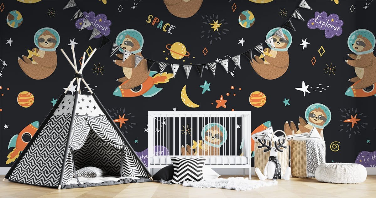 Whimsical Space Sloth Kids Mural Wallpaper in bedroom