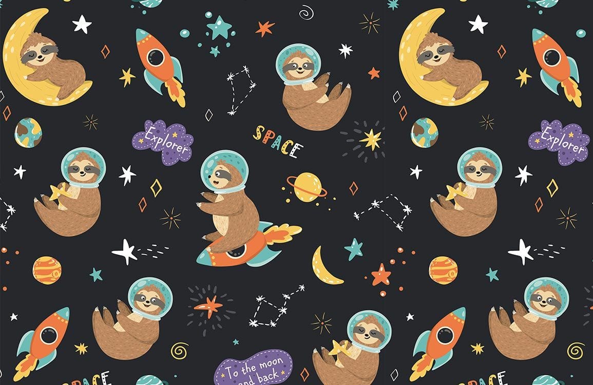 Whimsical Space Sloth Kids Mural Wallpaper