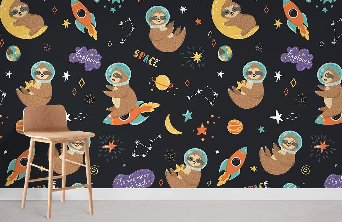 Whimsical Space Sloth Kids Mural Wallpaper in child's room