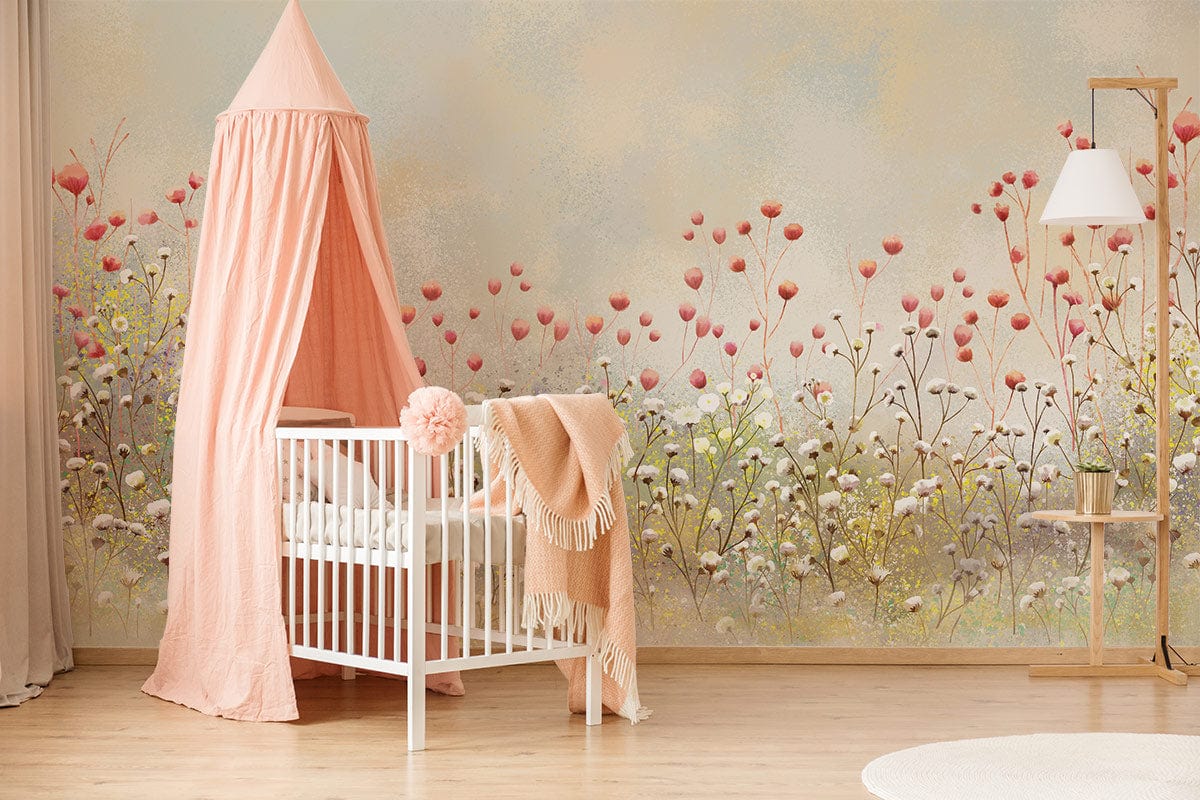 Whimsical Floral Nursery Mural Wallpaper in nursery