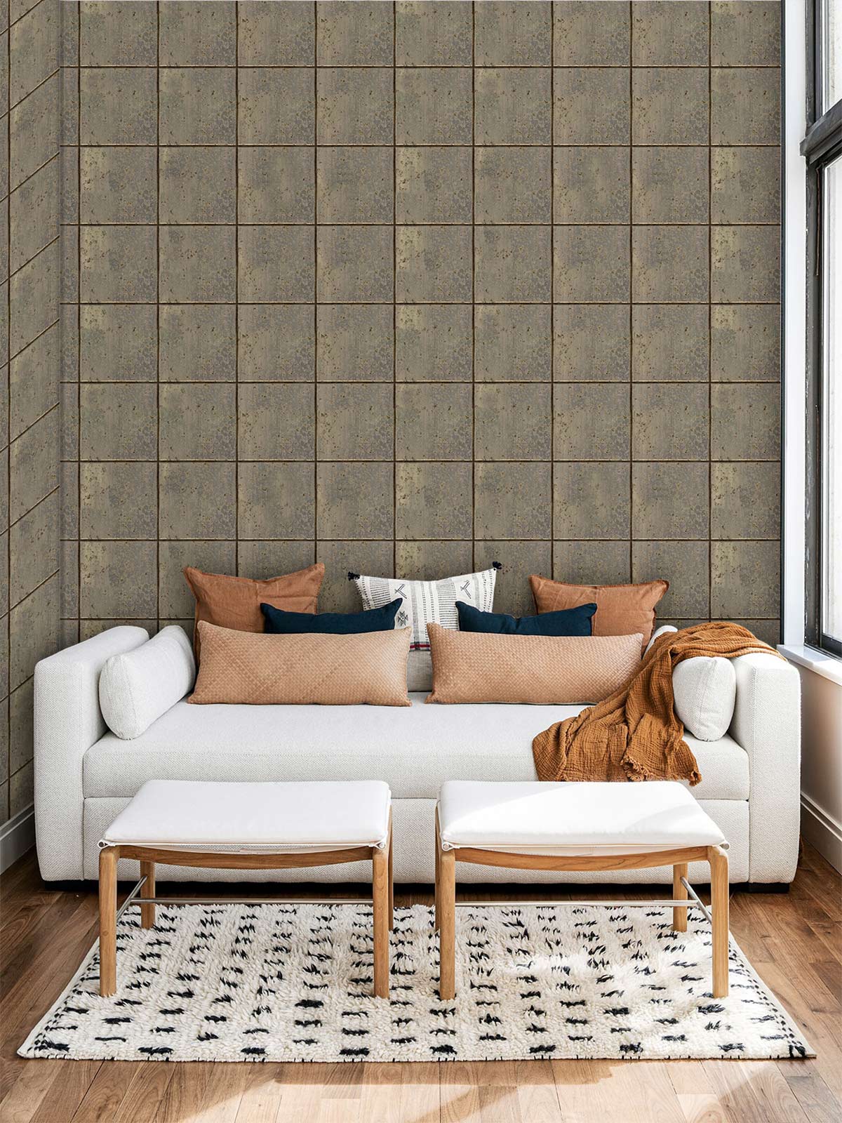 Modern Beige Geometric Grid Mural Wallpaper in living room