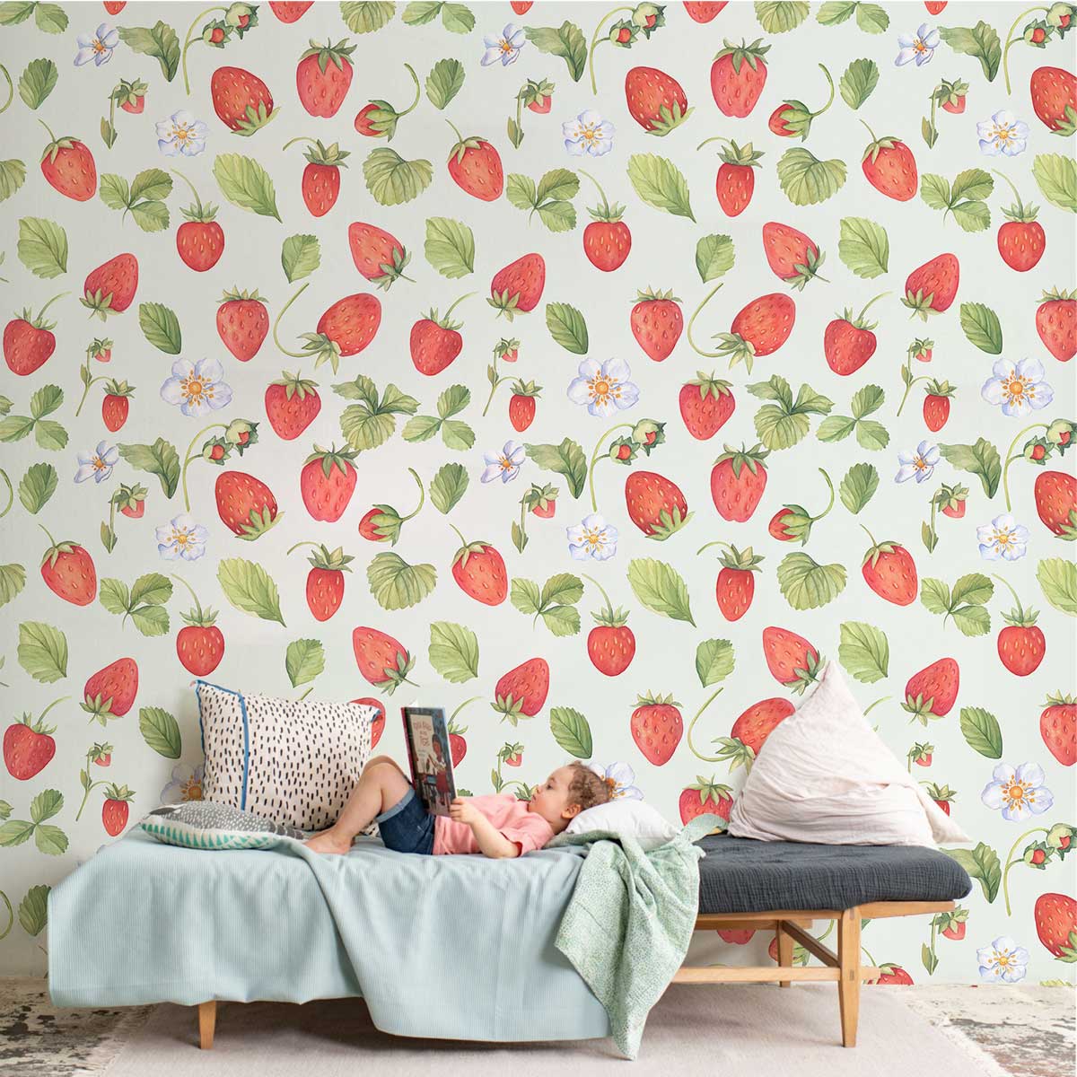 Vintage Strawberry Botanical Mural Wallpaper in kid's room