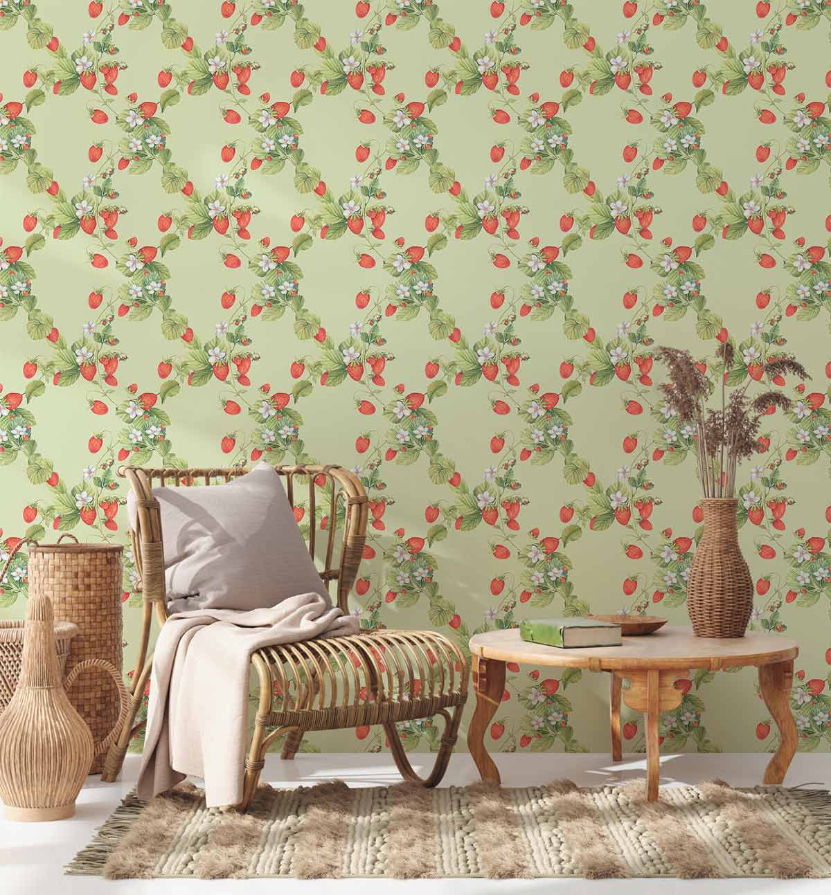 Vintage Floral Patterned Green Mural Wallpaper in living room