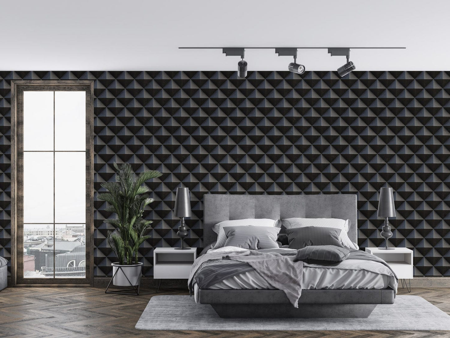 a bedroom with an unusual use of metal wallpaper