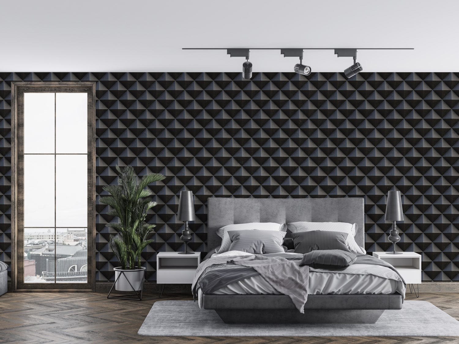 a bedroom with an unusual use of metal wallpaper