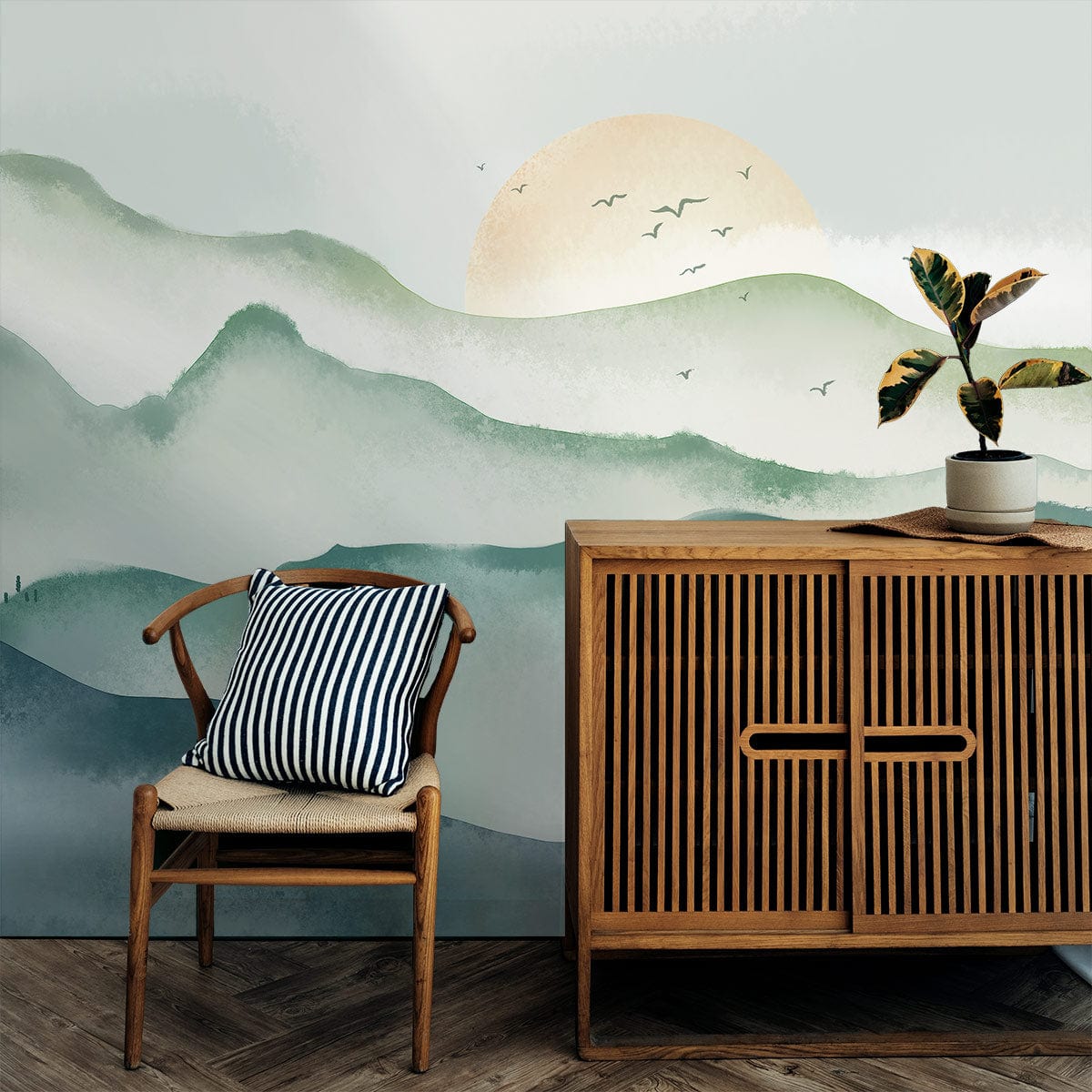 Use this wall mural wallpaper to decorate a hallway with a mountain and the sun.