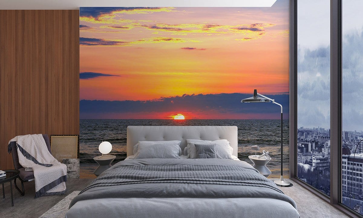 Soothing Ocean Sunset Mural Wallpaper in bedroom