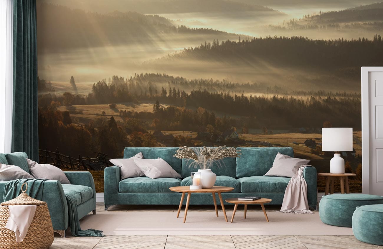 bright sunshine light up forest wallpaper decoration art