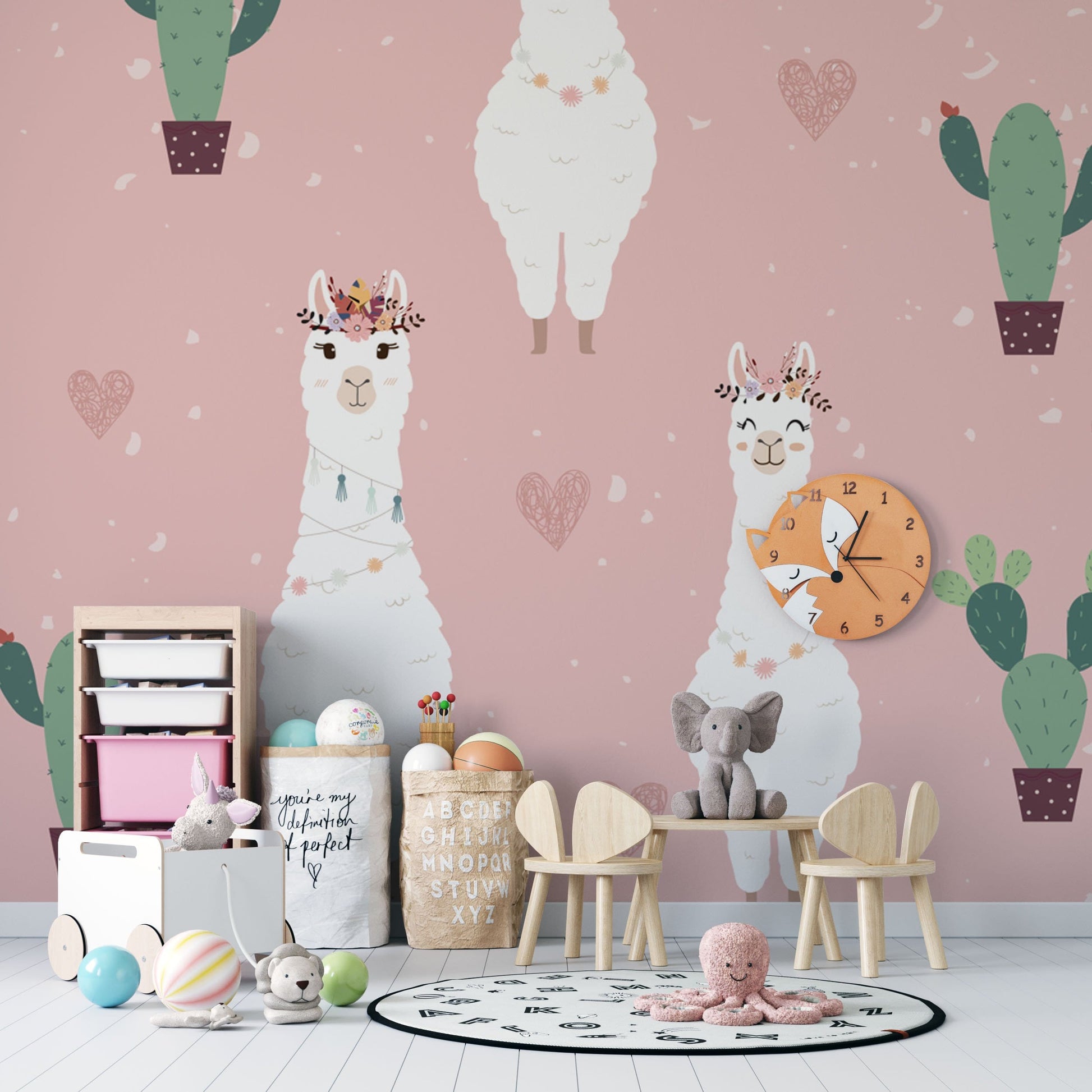 Wallpaper mural of adorable sheep designed for use in a child's room.