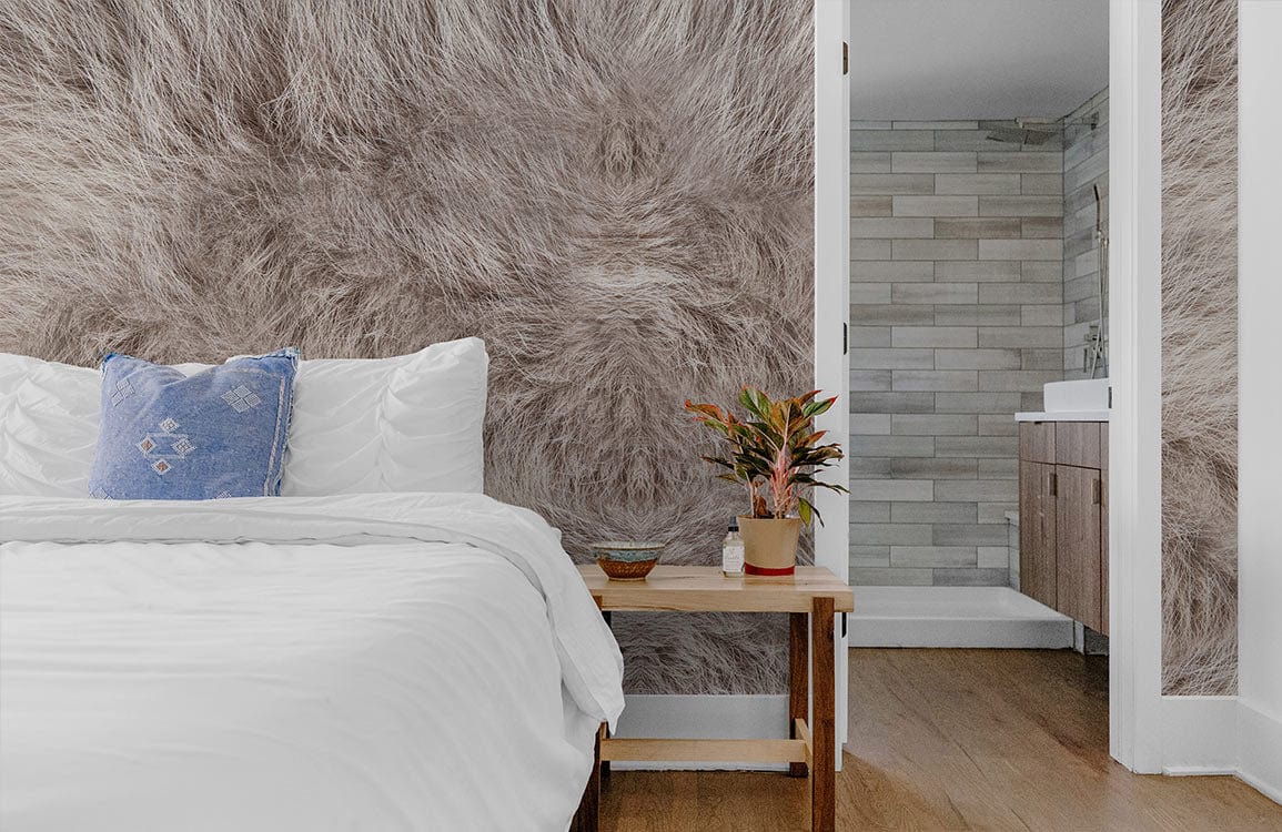 The bedroom features an animal fur wallpaper mural with a neutral colour scheme.