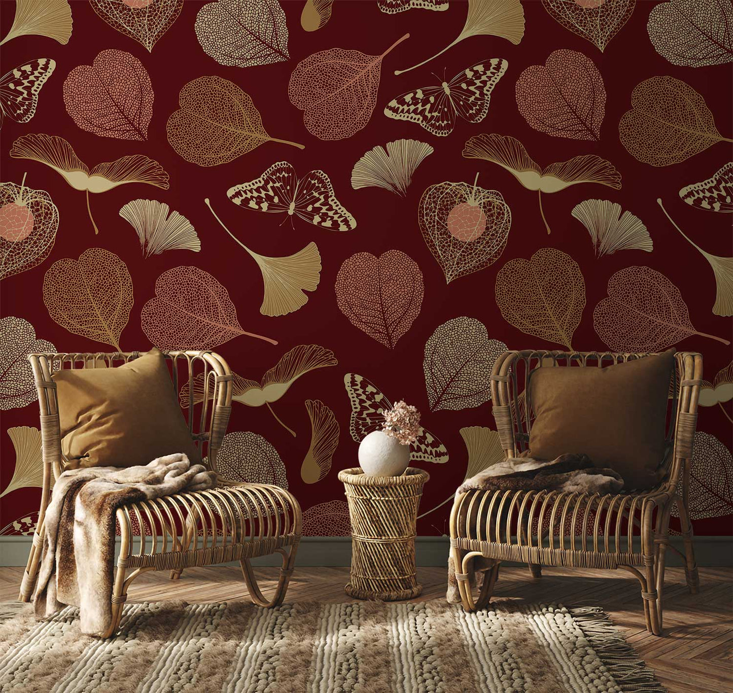 Red Botanical Butterfly Leaf Mural Wallpaper in living room