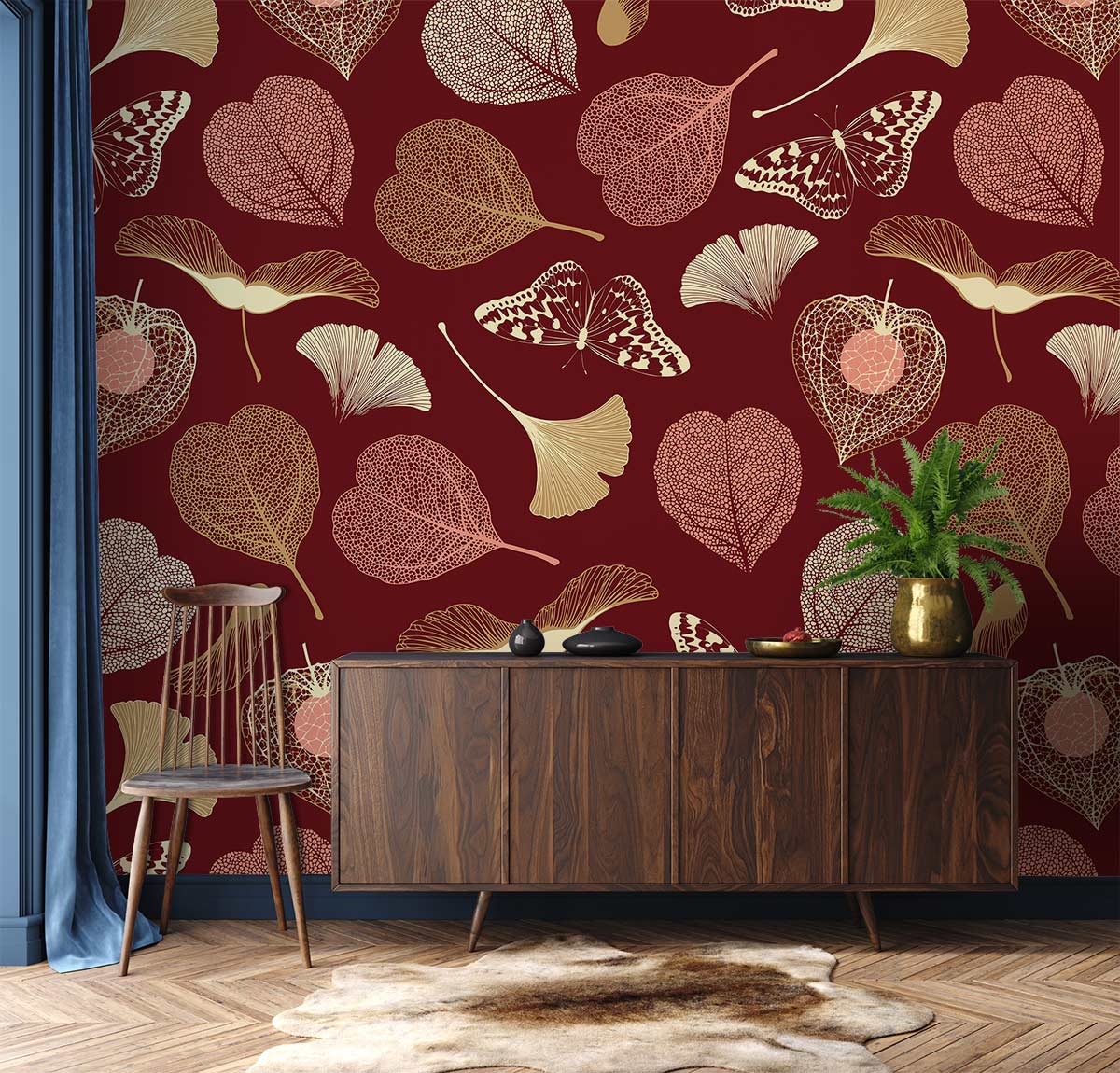 Red Botanical Butterfly Leaf Mural Wallpaper in living room