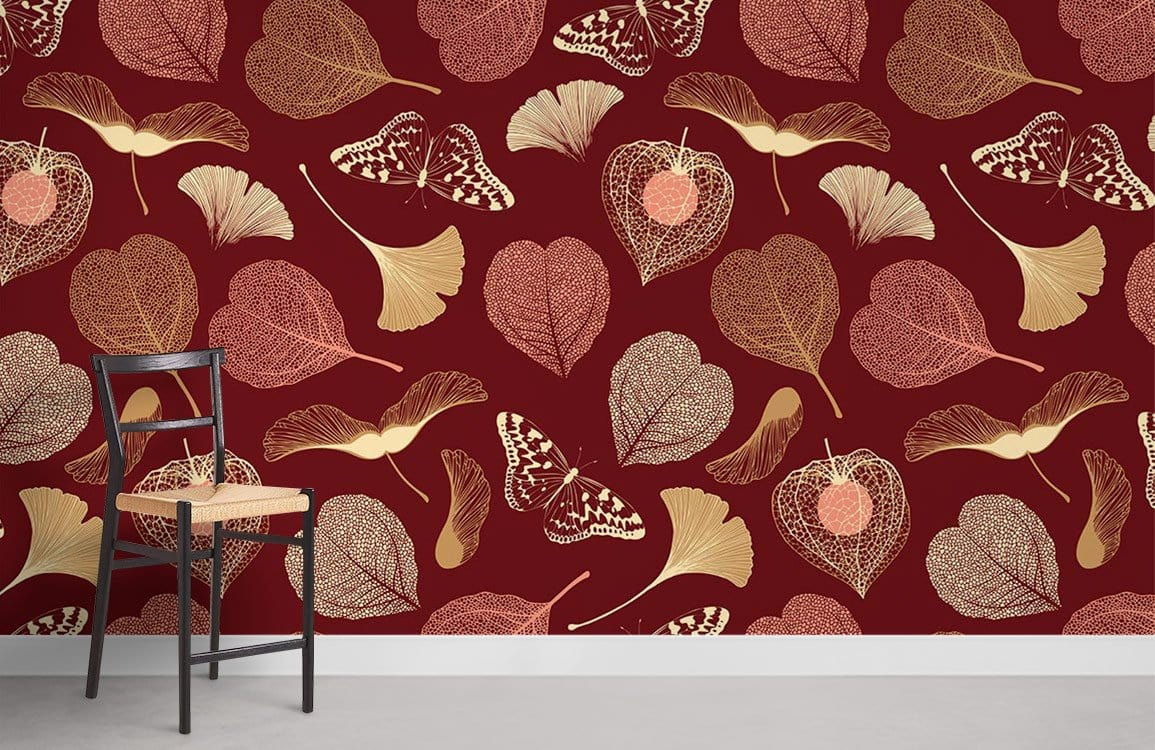 Red Botanical Butterfly Leaf Mural Wallpaper
