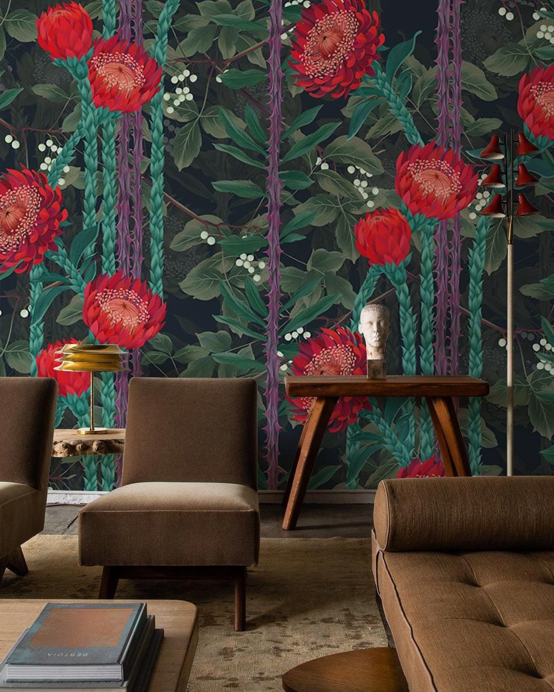 Emerald Botanical Red Floral Mural Wallpaper in living room