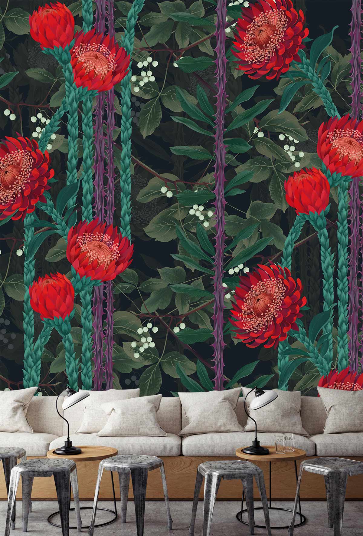 Emerald Botanical Red Floral Mural Wallpaper in living room