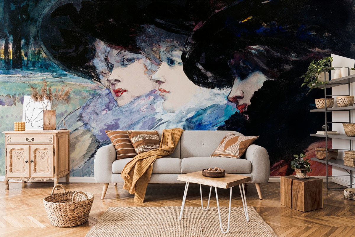 Elegant Vintage Watercolor Portrait Mural Wallpaper in living room