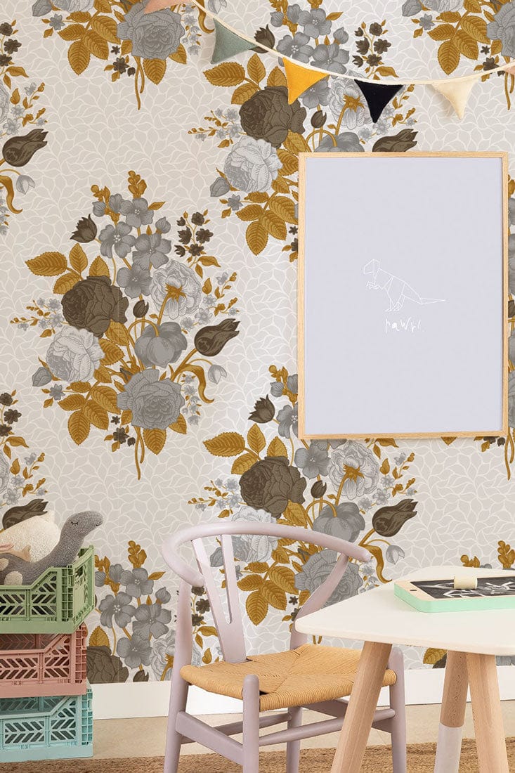 Wallpaper mural with little, grey bouquets for the nursery's decor.