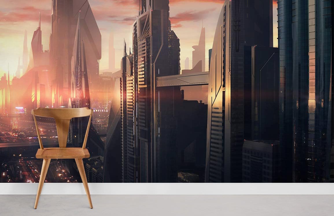 Futuristic Cityscape Sunset Wall Mural
