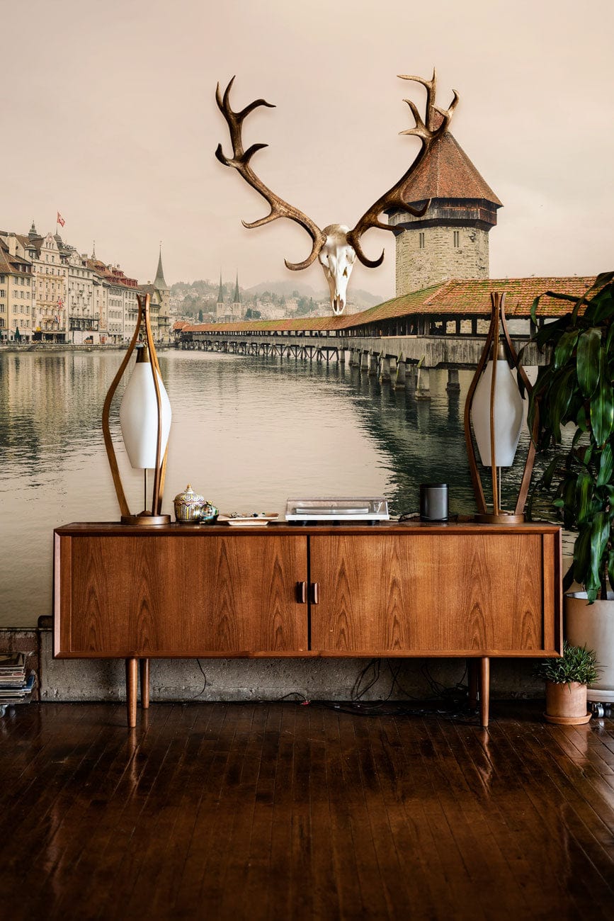 Wallpaper mural depicting a town on the water, ideal for use in adorning hallways