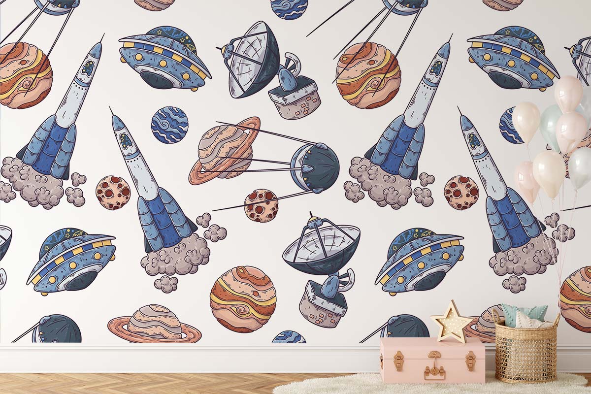 Colorful Space Adventure Kids Wallpaper Mural in child's room