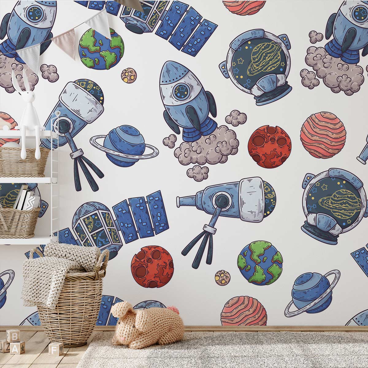 Colorful Space Adventure Kids Mural Wallpaper in playroom