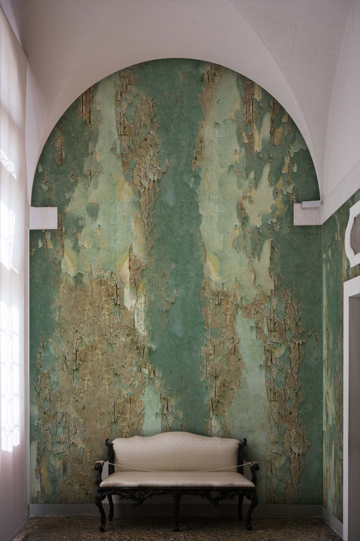 Rustic Teal Birch Tree Mural Wallpaper in living room