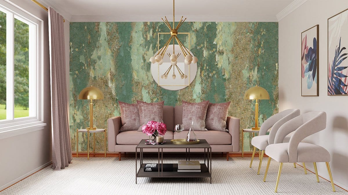 Rustic Teal Birch Tree Mural Wallpaper in living room
