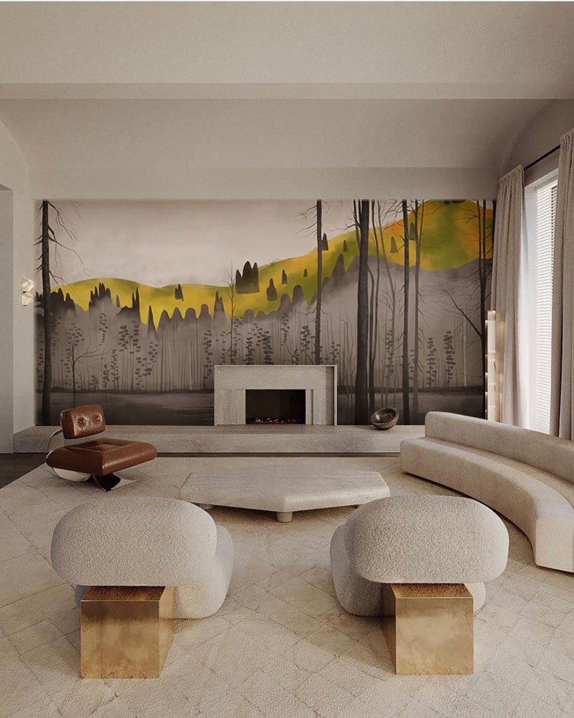 Moody Forest Mist Landscape Mural Wallpaper in living room