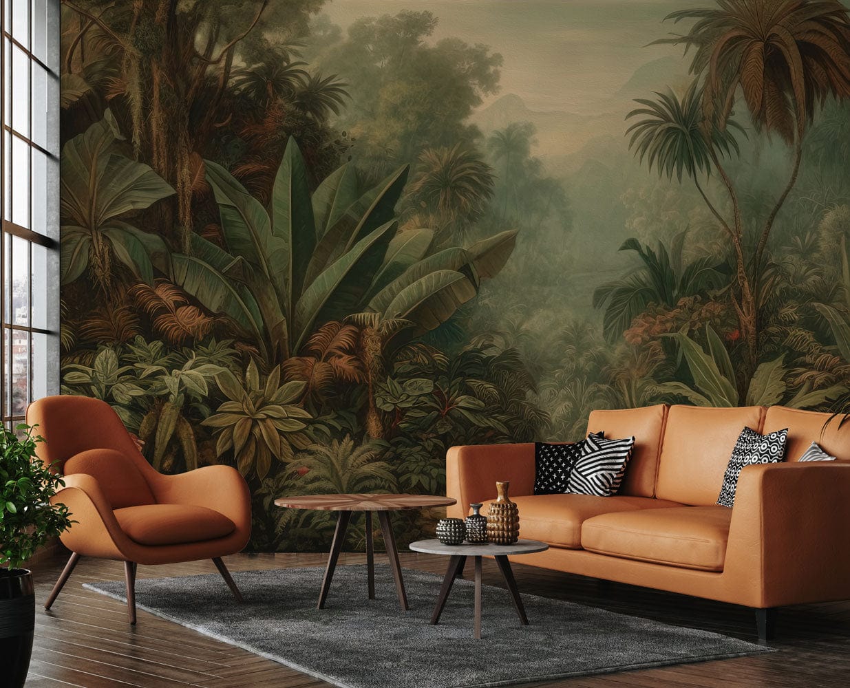 Tropical Jungle Landscape Wall Mural in living room