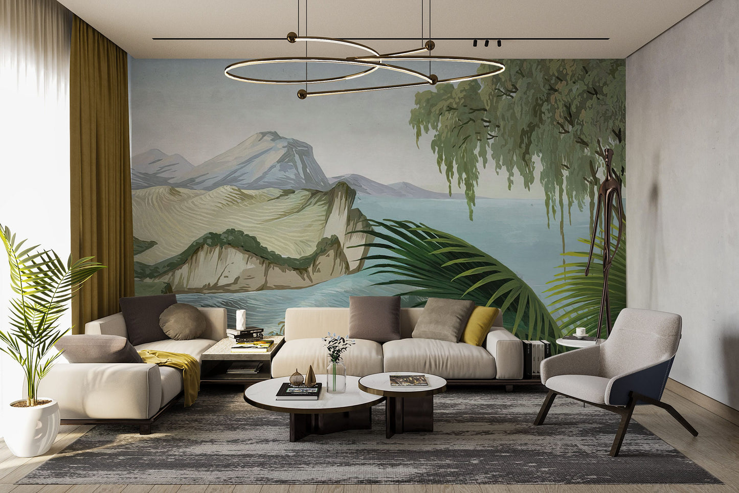 Wallpaper depicting a mountainous and riverine scene, ideal for use in the living room